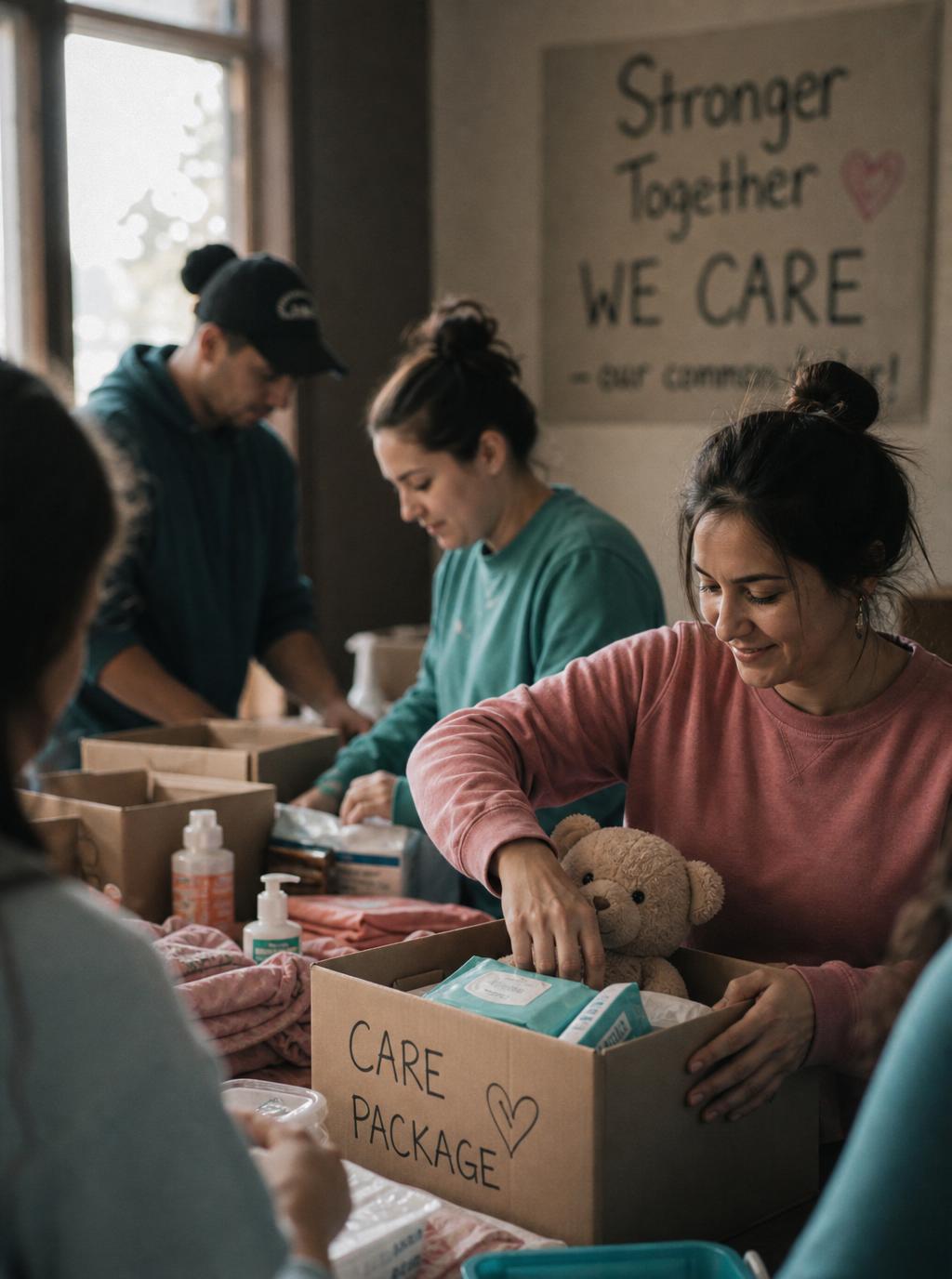 Volunteers smiling while assembling care packages